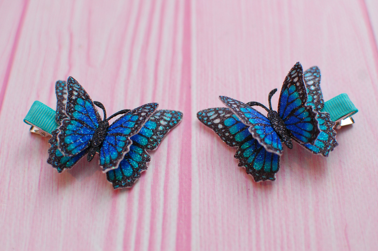 Набір шпильок для волосся 2 штуки метелика чорно-сині 715, фото 1