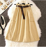 Трендовая женская модная коттоновая юбка миди c с карманами бежевый р.42