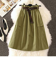 Трендовая женская модная коттоновая юбка миди c с карманами Хаки (зелёный) р. 44