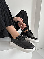 Жіночі стильні шкіряні Мокасини чорні туфлі на платформі