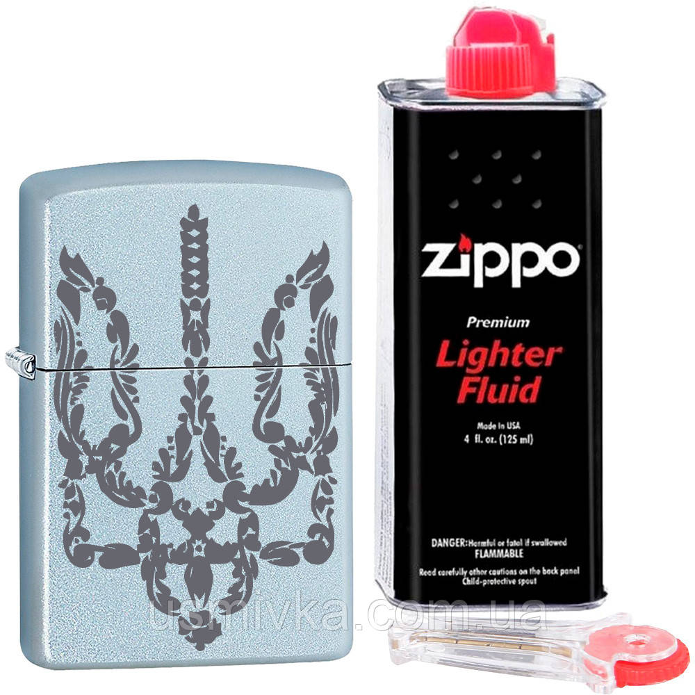 Запальничка Zippo "Ukraine!" 205 у наборі кремній і бензин зипо, фото 1