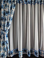 Шторки на окно голубые цветы белый шифон