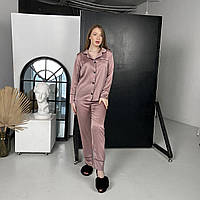 Женская пижама шелк в стиле рубашка с длинным рукавом и штаны 2 в 1 цвет Пудра S M L ХL Victoria's Secret