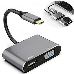 Перехідник Type-C на HDMI 4в1 (HDMI/VGA/USB/PD) / USB HUB адаптер / Конвертер