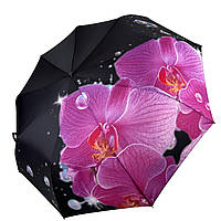 Жіноча парасоля-автомат від Flagman на 9 спиць, чорний з рожевою квіткою, N0153-10