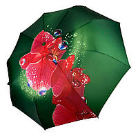 Жіноча парасоля-автомат від Flagman на 9 спиць, зелений з червоною квіткою, N0153-11