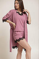 Жіночий шовковий піжамний комплект 3в1 халат шорти майка темна пудра