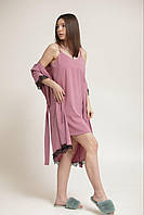 Жіночий шовковий піжамний комплект халат та пеньюар темна пудра