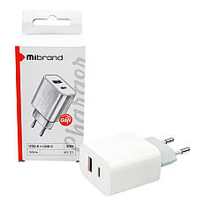 Зарядний пристрій (зарядка) для телефону Mibrand MI-33 GaN Type-C + USB 30 W Білий (MIWC/33UCW), фото 4