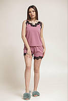 Однотонна кружевна літня жіноча піжама майка та шорти пудрового кольору