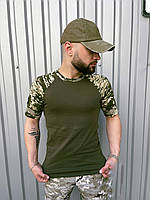 Камуфляжная футболка хаки мужская тактическая военная хлопок , Армейская летняя футболка камуфляж с липучками
