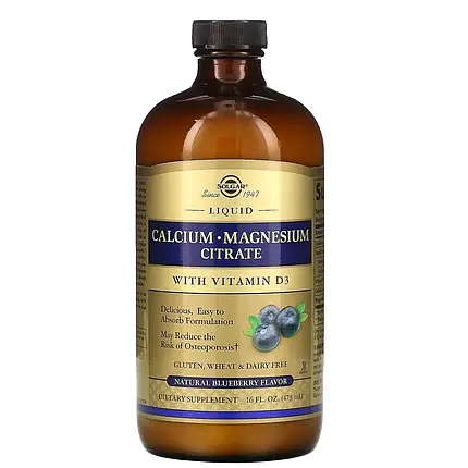 Мікроелемент кальцій Solgar Liquid Calcium Magnesium Citrate With Vitamin D3 Natural Blueberry Flavor 473 ml, фото 1