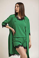 Жіночий шовковий піжамний комплект 3в1 халат шорти майка зелений