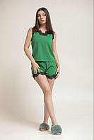 Однотонна кружевна літня жіноча піжама майка та шорти зелена