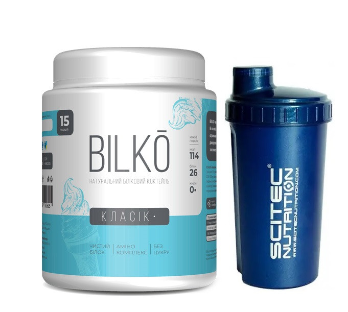 Набір Натуральний білковий коктейль із класичним смаком Bilko 0,45 кг із шейкером, фото 1