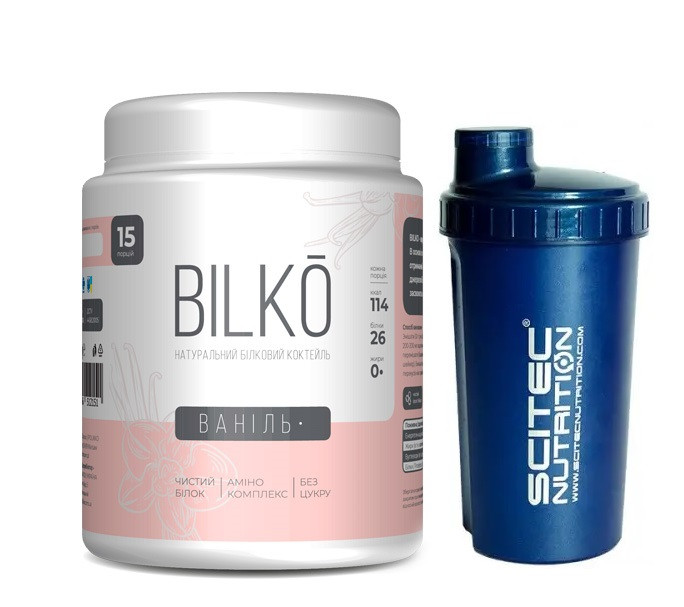 Комплект Натуральний білковий коктейль зі смаком ванілі Bilko 0,45 кг із шейкером, фото 1