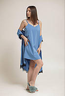 Жіночий шовковий піжамний комплект халат та пеньюар голубого кольору