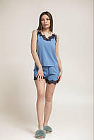 Однотонна кружевна літня жіноча піжама майка та шортиголубого кольору