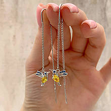 Довгі срібні сережки ланцюжки колібрі, сережки протяжки з птахами, сережки з жовто-синім камінням