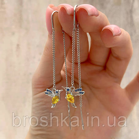 Довгі срібні сережки ланцюжки колібрі, сережки протяжки з птахами, сережки з жовто-синім камінням, фото 2