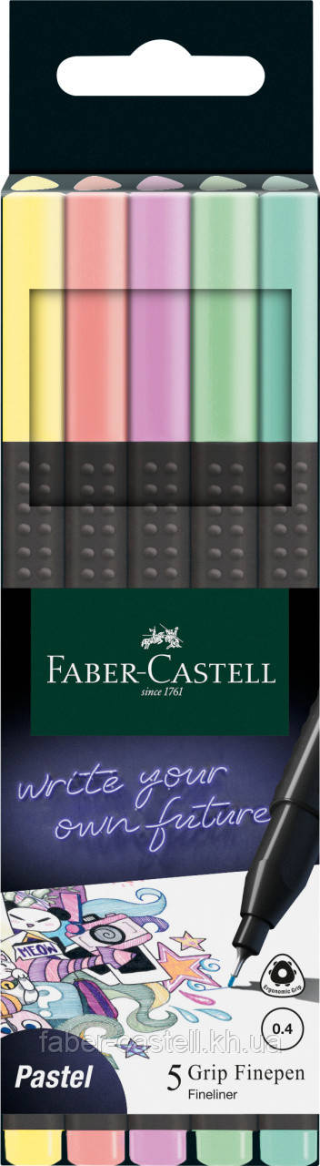 Набір ручок капілярних Faber-Castell Grip Finepen Pastel тригранна 0,4 мм, 5 пастельних відтінків, 151602, фото 1