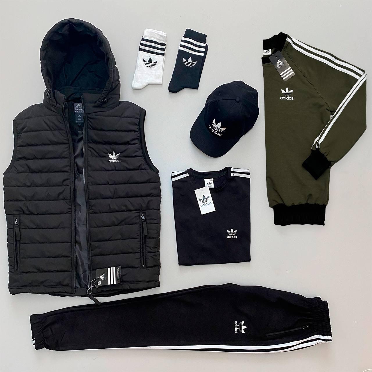 Adidas спортивний костюм чоловічий жилет футболка кепка комплект адідас демісезонний весняний осінній хакі, фото 1