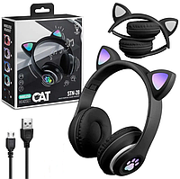 Дитячі бездротові навушники LED з котячими вушками Cat Ear STN-28 Чорні