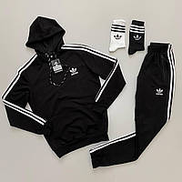 Спортивный костюм женский Adidas черный с капюшоном, хлопковый на манжетах, носки в подарок. KH-2032