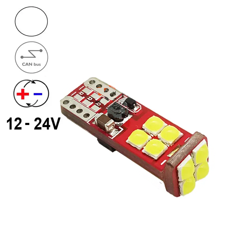 Автолампа світлодіодна T10/W5W, цоколь W2.1x9.5d, 3030 х 12 smd, білий, 12-24 В, обманка, біполярна