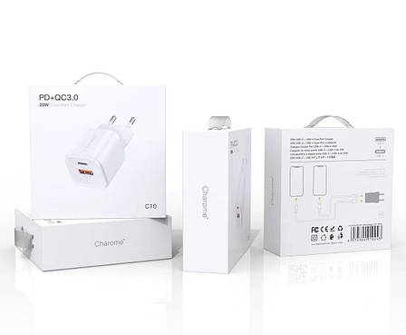 Зарядний пристрій (зарядка) для телефону CHAROME C10 Type-C + USB 20 W Білий (6974324910243), фото 3