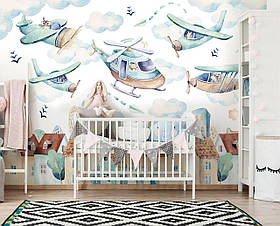 Дитячі фото шпалери для стін 368x254 см Літаки та гелікоптери над будиночками (13675P8)+клей