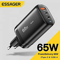 Зарядное устройство Essager GaN 65W (2C+U) черный, быстрая зарядка PD3.0, QC3.0