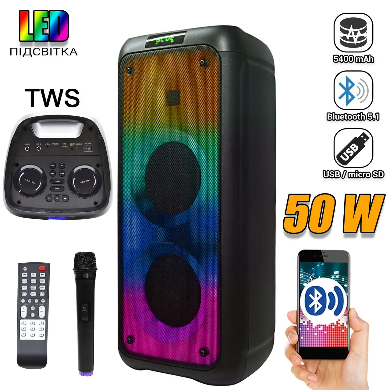 Акустична система RX-1001 (10"х2) (50 W) (бездротовий мікрофон) (Пульт), фото 1