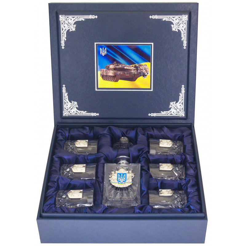 Подарунковий набір графин з келихами в подарунковому шкіряному футлярі "Тризуб", фото 1