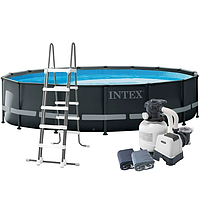 Каркасный бассейн Intex 26330 Ultra Frame 549х132 см с песочным насосом, тентом, подстилкой и лестницей Серый
