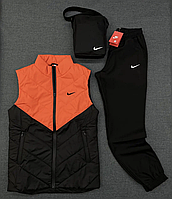 Костюм мужской оранжевый с черным Nike с жилеткой весна-осень , Спортивный набор Найк Жилет +Штаны +Барсетка