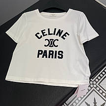 Жіноча текстильна біла футболка Celine Paris з чорним логотипом Селін, фото 5