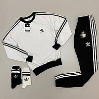 Спортивный костюм мужской Adidas черно-белый, хлопковый на манжетах, носки идут в подарок. KH-2043