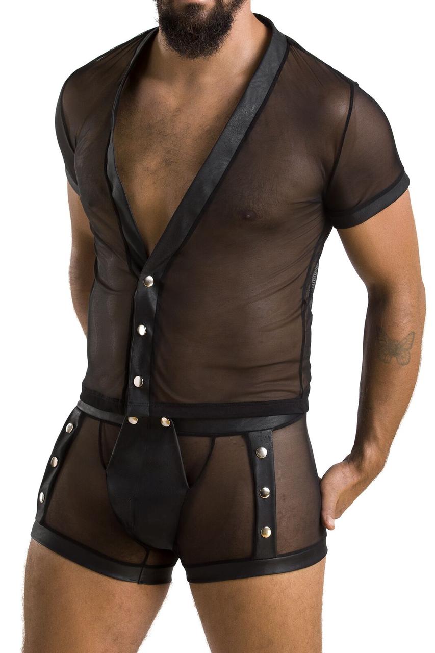 Комплект сітчастої чоловічої білизни Passion 052 SET MICHAEL 2XL/3XL black сорочка, боксери заклепки 18+