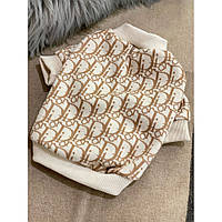 Брендовый свитер для собак DIOR с мелкими логотипами, бежевый