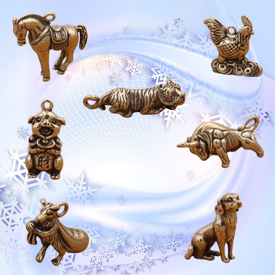 Вінтажний ретро мідний латунний брелок підвіска для ключів статуетка китайського знака зодіак у формі тварини