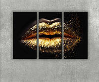 Картина золотые губы на черном фоне Яркий макияж блестки на губах с 3 частей модульные картины в салон красоты