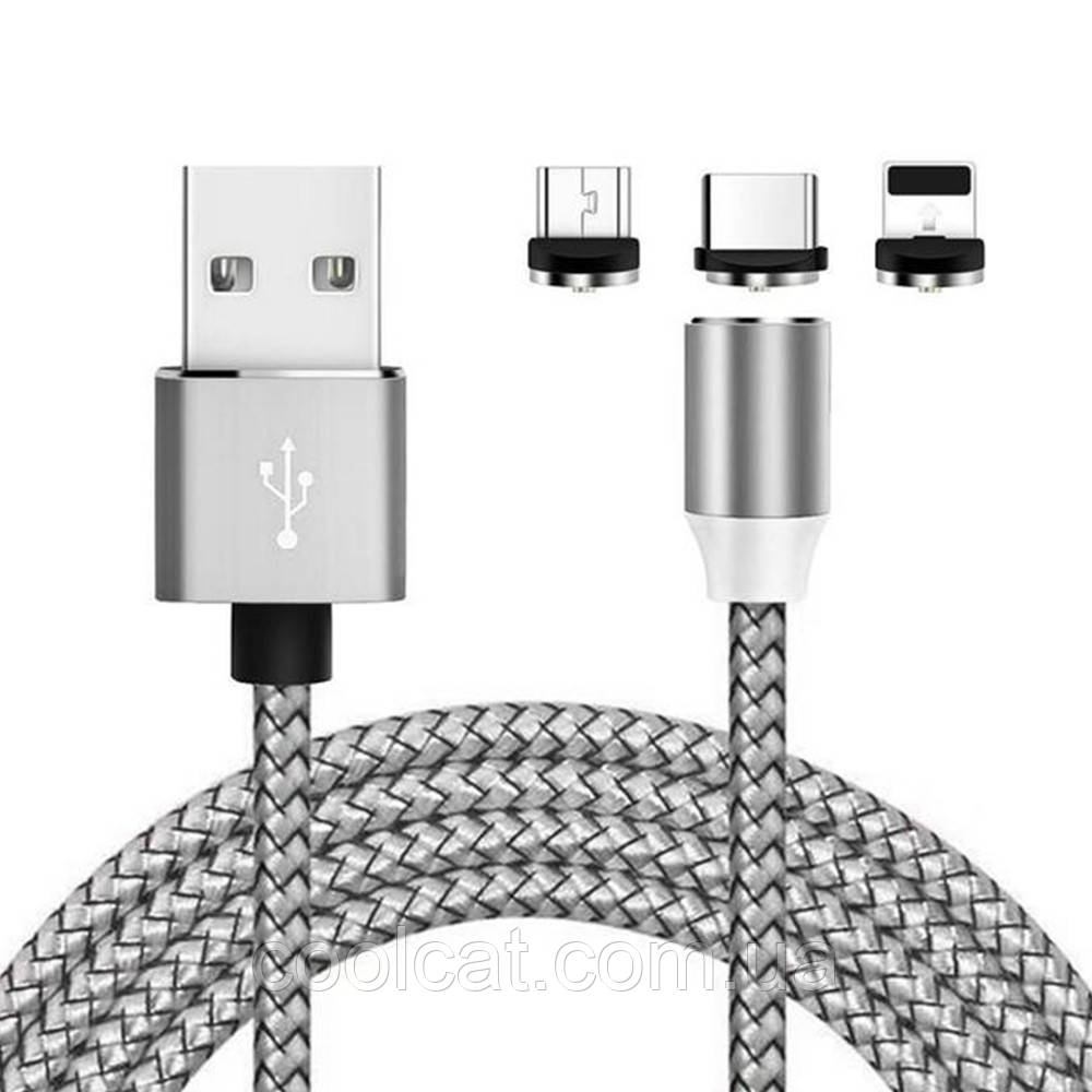 Магнитный кабель 3в1 (Type-C,USB, Lightning), 1м, в тканевой обмотке, Серебристый / Шнур для зарядки с переходниками - фото 3 - id-p1800178835