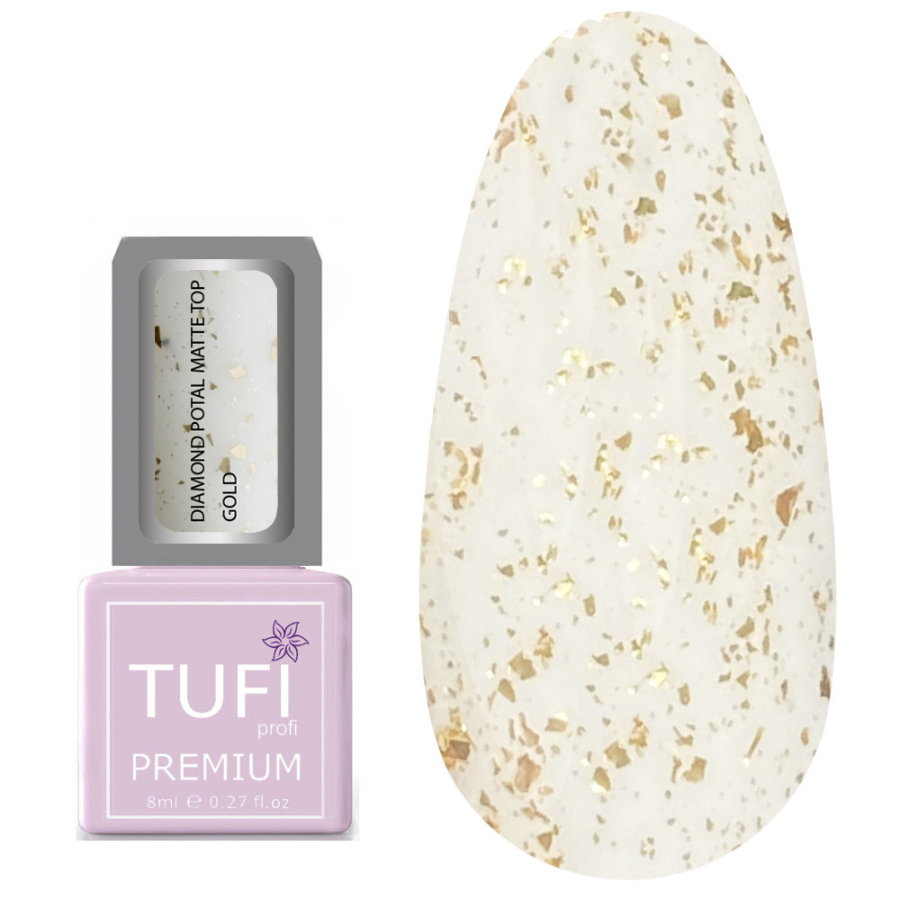 Топ для нігтів TUFI profi PREMIUM Diamond Potal Matte Top матовий з поталлю та шимером золотом, 8 мл, фото 1