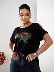 Жіноча футболка батал з принтом "Квіткова карта України" розміри універсальний 50/54