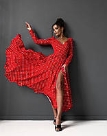 Женское платье-миди на запах в горошек. Размеры: 42-46 - красный, черный, джинс, оливка