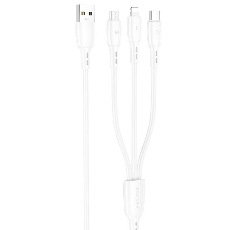 Кабель 3в1 MicroUSB (Android) + Type-C (Android) + Lightning (iPhone) 3in1 BOROFONE BX71 |1m, 2A| Білий