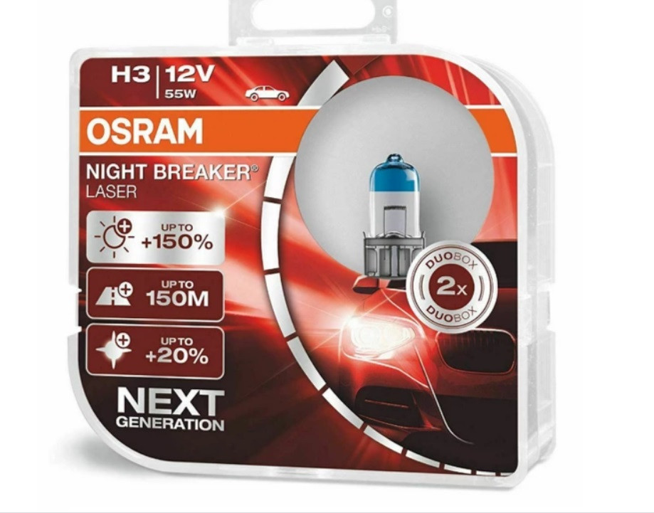 Лампи галогенові Osram H3 12V 55W + 150% Night Breaker Laser Комплект 2 шт