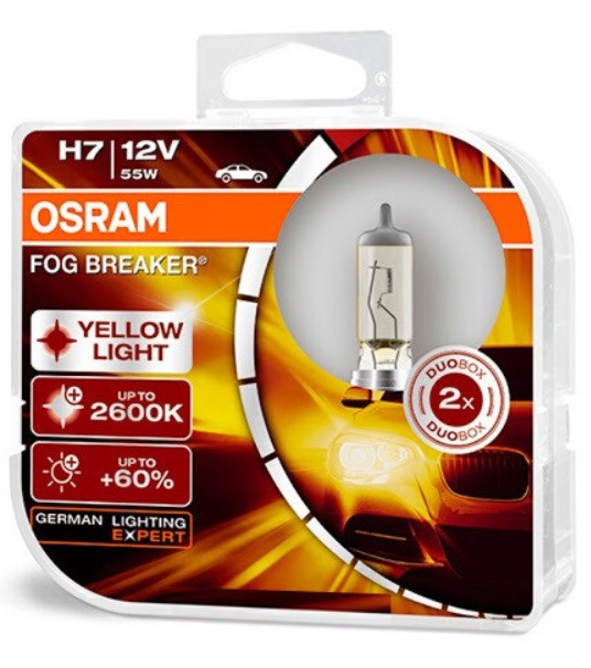 Лампи галоген OSRAM FOG BREAKER 12V H7 55W 2600K +60% (BOX-2ШТ) ЖЕЛТЫЙ ...
