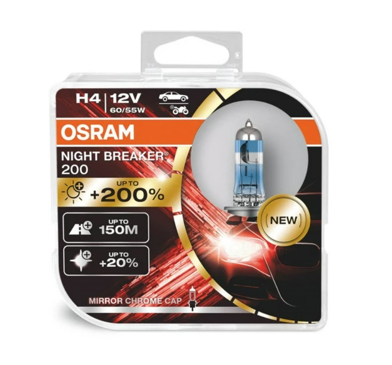 Лампи галогенові Osram H4 12V 60/55W + 200% Night Breaker 200 комплект 2шт